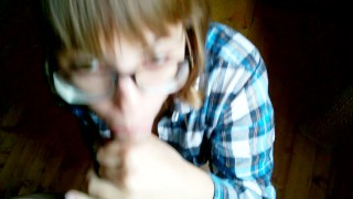 Neighboring sucks and gets cum on glasses